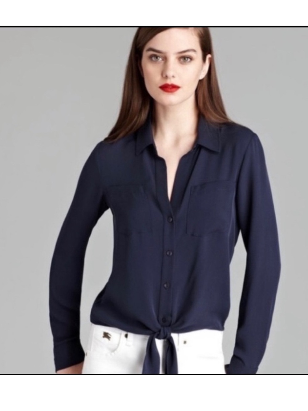 Theory Navy Button-Front Tie-Hem Blouse